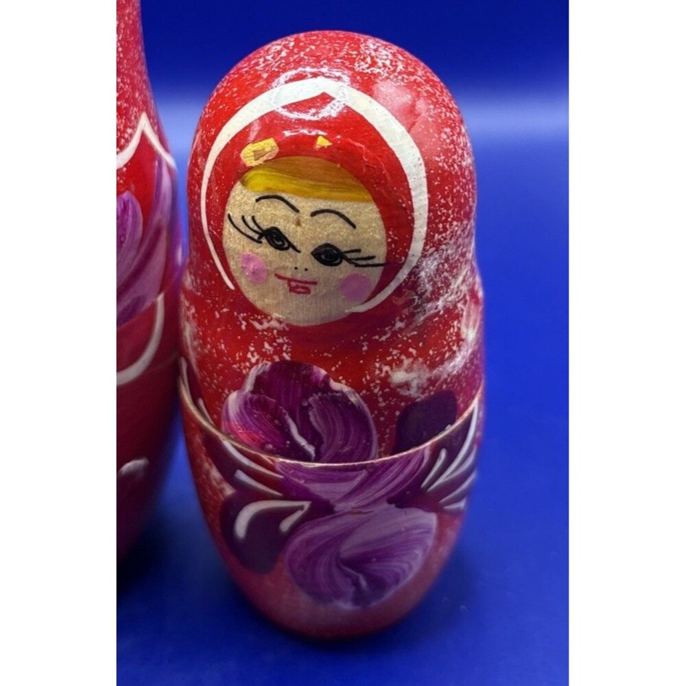 Hand Painted Wooden Russian Matryoshka Nesting Dolls Pink Floral 6pc Set Read - Picture 4 of 9